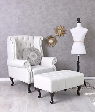 fotel uszak & stołek styl chesterfield biały