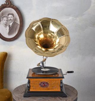 retro gramofon his masters voice mosiężna tuba