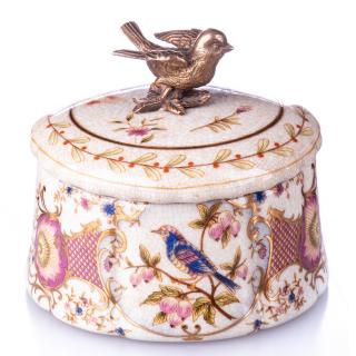 bomboniera z ptaszkiem styl barokowy porcelana i brąz