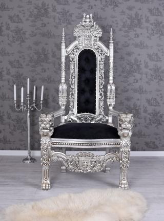 okazały fotel tron srebro i czerń meble barokowe