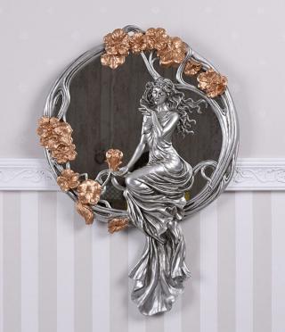 srebrno-złote lustro z figurą kobiety styl secesyjny