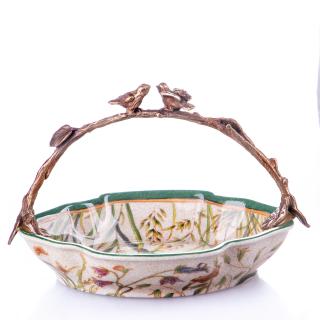 patera z figurami ptaszków motywy roślinne porcelana i brąz