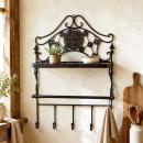 Czarny Regał Ścienny z Półką i Wieszakami Shabby Chic