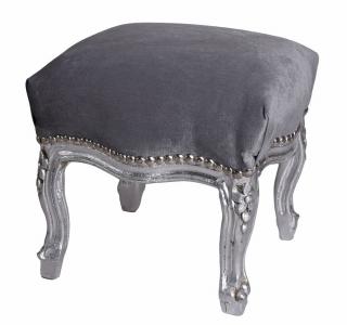 stołek podnóżek styl barokowy srebrno-szary