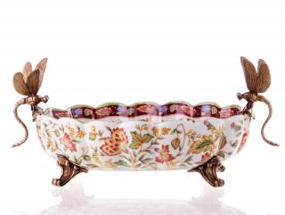 stylowa owalna misa motyw ważek porcelana i brąz