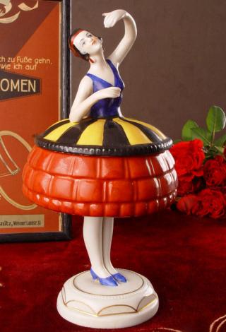 porcelanowa bombonierka z figurą tancerki w stylu art deco