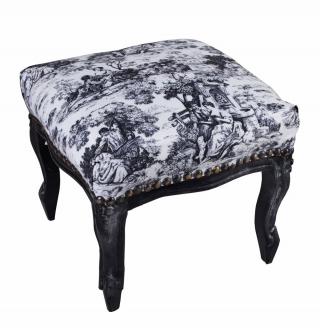 toile de jouy podnóżek stołek styl barokowy czerń i biel